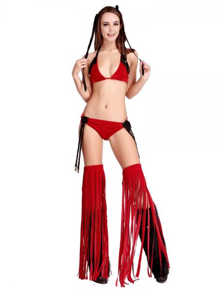 Red Black 4 Pieces Tassels & Jingle Bell Christmas Bikini Dress up for Women