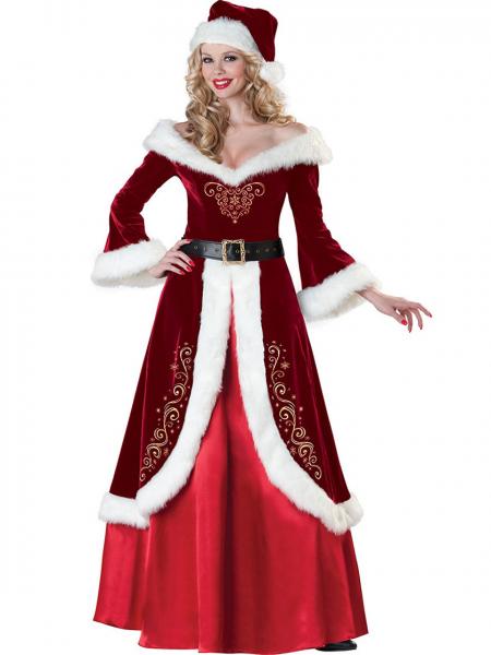 Burgundy Red Three-quarter Off Shoulder Mr and Mrs Santa Claus Christmas Costumes