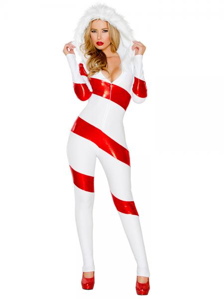 White Red Fluffy Hooded Striped Long Sleeves Womens Jumpsuits Christmas Wear
