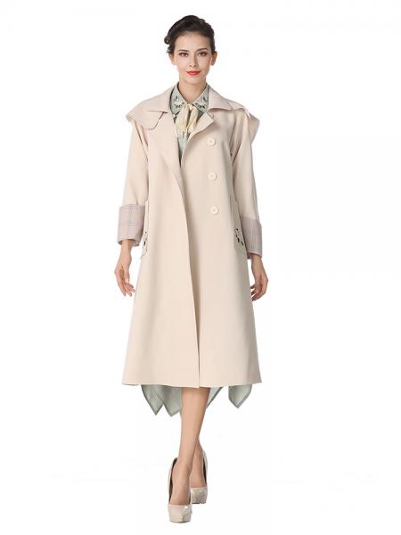 Beige Single-breasted Embroidery Layered Long Spring Trench Coat for Women