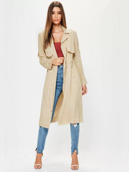 Beige Stylish Layered Drawstring Closure Spring Long Wrap Trench Coat for Women