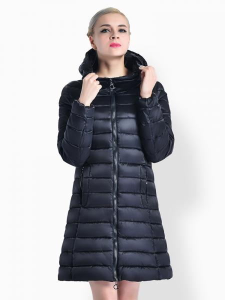 Black Cheap Two Way Zipper Long Parka Coat with Detachable Hood for Women