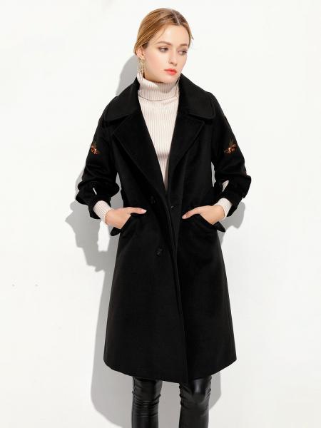 Black Double Breasted Three-quarter Sleeves Loose Fit Thick Women Long Pea Coat