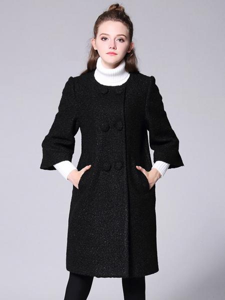 Black Loose-fit Double Breasted Three-quarters Sleeves Thick Long Peacoat for Women