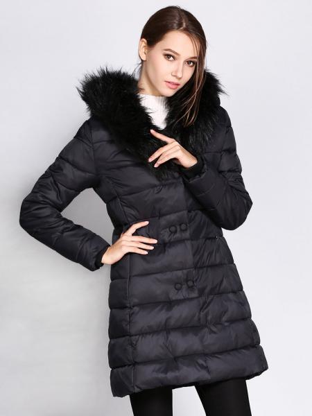 Black Double Zipper & Press Studs Faux Fur Collar Padded Womens Parka Jacket