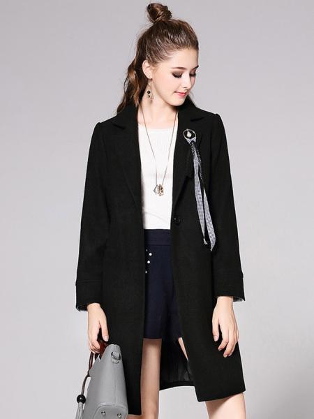 Black Lined Long Sleeves Single Button Closure Long Wool Coat for Women