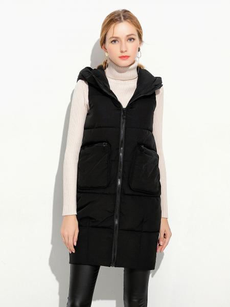 Black Loose Fit Hooded Zipper Thick Warm Puffer Long Waistcoat for Women