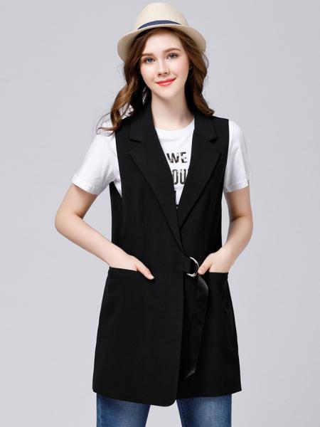 Black Open Front Relaxed Fit Sleeveless Thick Fashion Waistcoat for Women