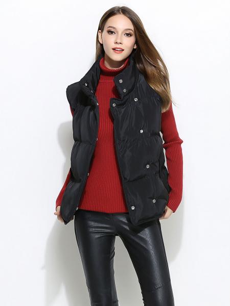 Black Press Studs Closure Loose Fit Thick Puffer Warm Women Outerwear Vests