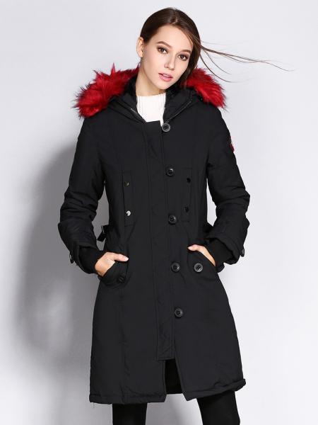 Black Red Slim Fit Long Winter Thick Parka Coat with Faux Fur Hood for Women