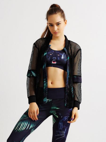 Black Sheer Mesh Splicing Zipper Hollow Out Printed Summer Bomber Jacket Women