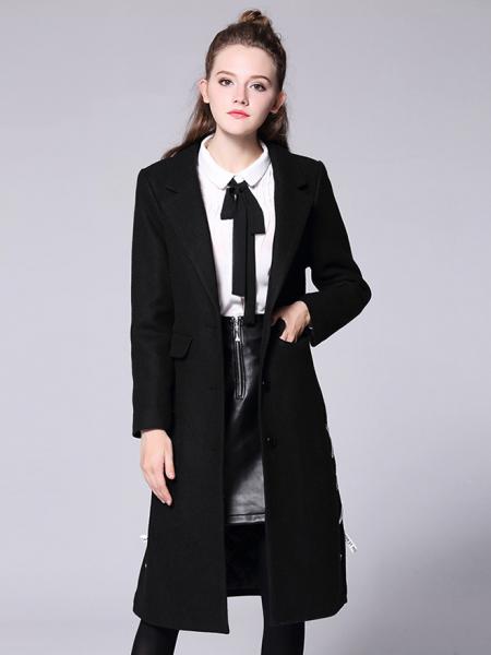 Black Single Breasted Long Sleeves Lined Thick Warm Long Wool Coat for Women