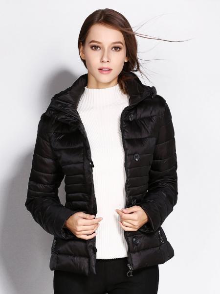 Black Slim Fit Petit Zipper & Button Light Weight Women Parka Coat with Hood