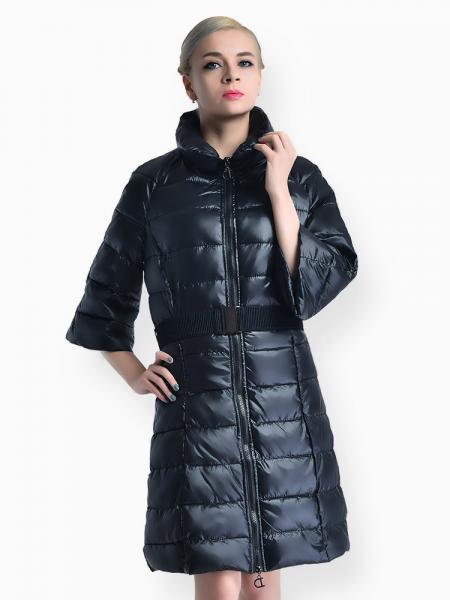 Black Slim Fit Two-way Zipper Half Sleeves Long Puffer Parka Coat for Women