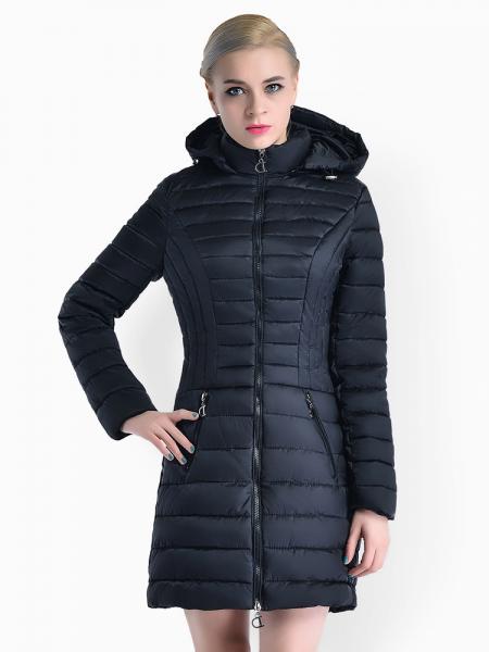 Black Slim Fit Two-way Zipper Women Parkas Outerwear with Detachable Hood