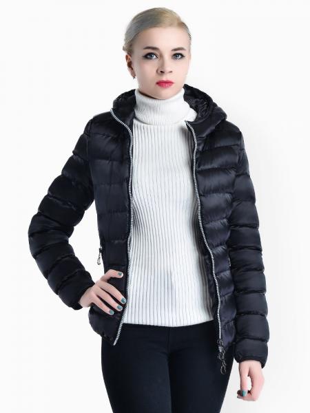 Black Two Way Zipper Long Sleeves Hooded Womens Slim Quilted Puffer Parka