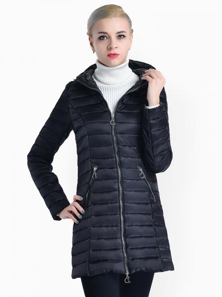 Black Two Way Zipper Long Sleeves Padded Women Warm Parka Coat with Hood