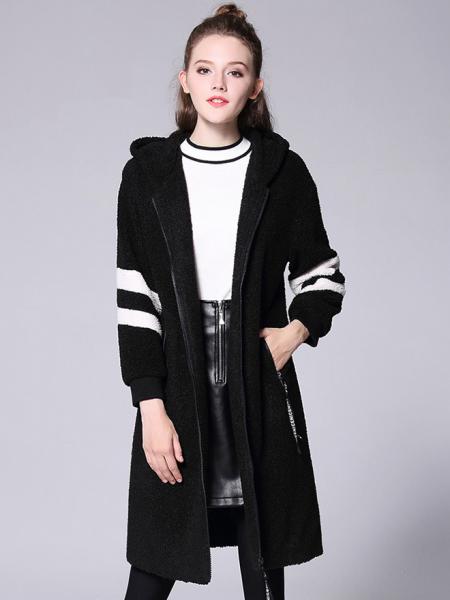 Black White Loose Fit Zipper Long Sleeves Striped Long Hooded Outerwear for Women