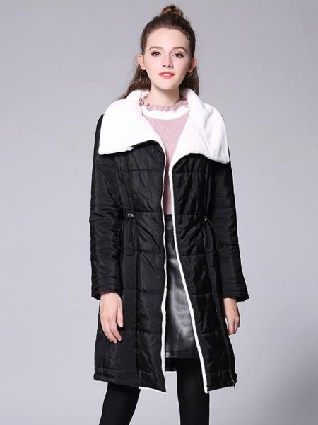 Black Zipper Long Sleeves Faux Fur Splicing Quilted Thick Long Women Parka Coat