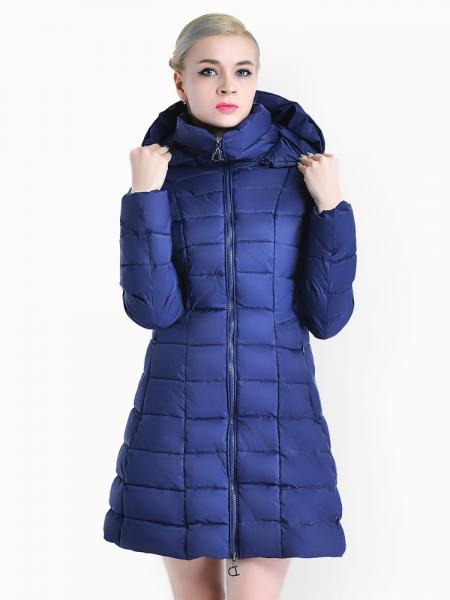 Blue A-line Two-way Zipper Detachable Hooded Padded Parka Jacket for Women