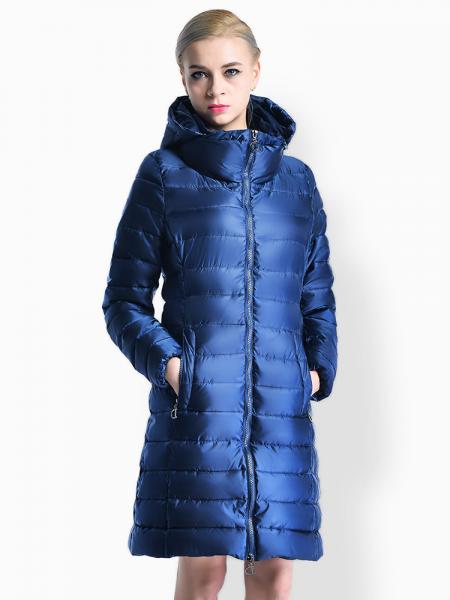 Blue Cheap Two Way Zipper Long Parka Coat with Detachable Hood for Women