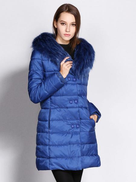 Blue Double Zipper & Press Studs Faux Fur Collar Padded Womens Parka Jacket