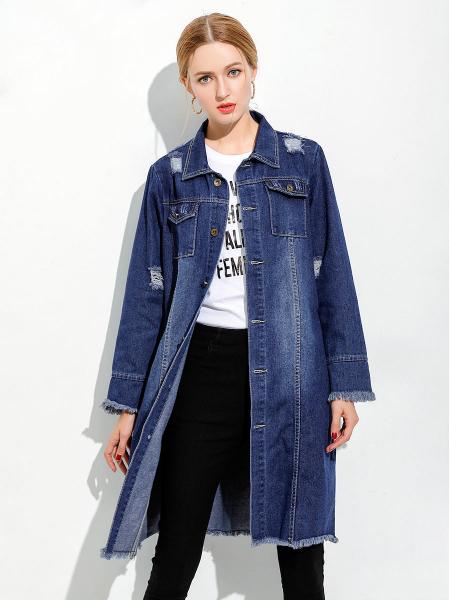 Blue Loose Fit Single-breasted Distressed & Ripped Long Denim Jacket Women