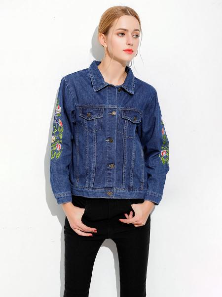 Blue Single Breasted Unique Floral & Letter Embroidery Denim Jacket for Women