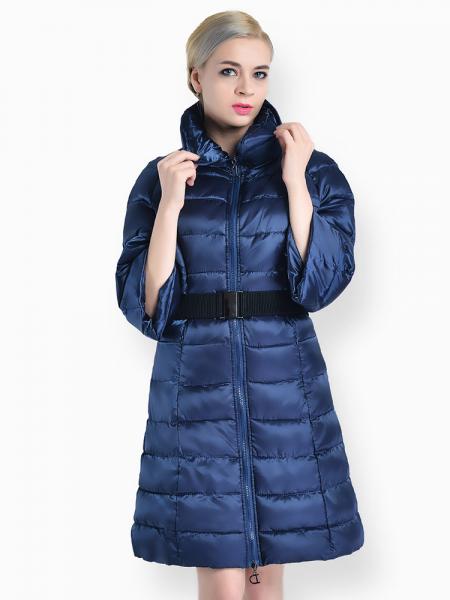 Blue Slim Fit Two-way Zipper Half Sleeves Long Puffer Parka Coat for Women