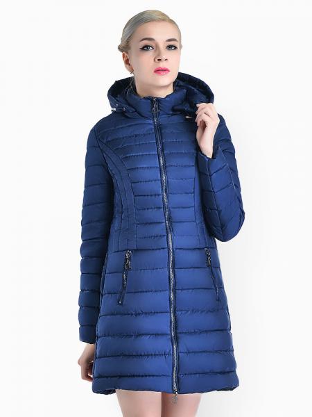 Blue Slim Fit Two-way Zipper Women Parkas Outerwear with Detachable Hood