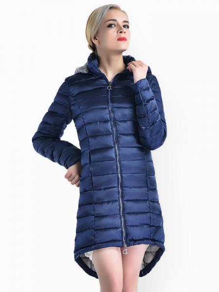 Blue Two-way Zipper Asymmetric Hemline Hooded Spring Parka Coat for Women