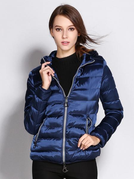 Blue Two Way Zipper Long Sleeves Hooded Womens Slim Quilted Puffer Parka