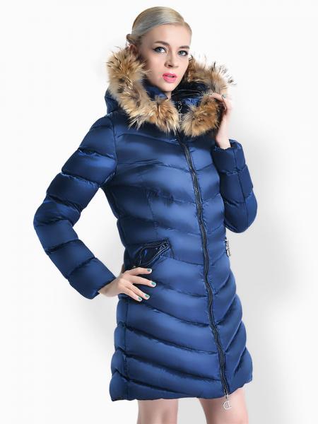 Blue Two Way Zipper Thick Long Parka Coat with Raccoon Fur Hood for Women