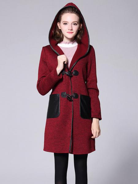 Burgundy Black Winter Long Sleeves Thick Knitted Long Duffle Coat with Hood for Women