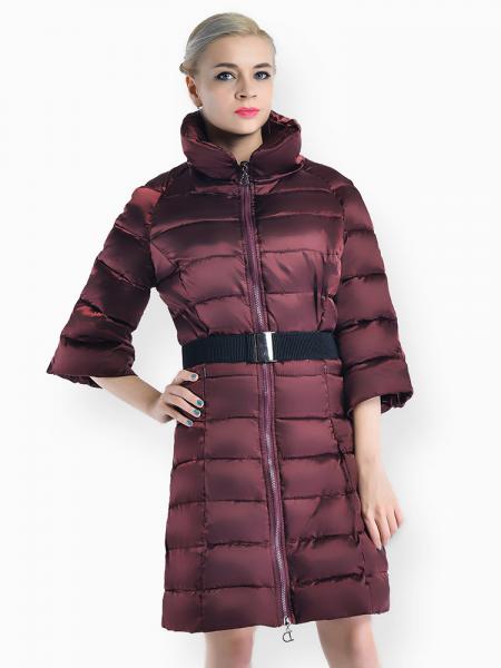 Burgundy Slim Fit Two-way Zipper Half Sleeves Long Puffer Parka Coat for Women