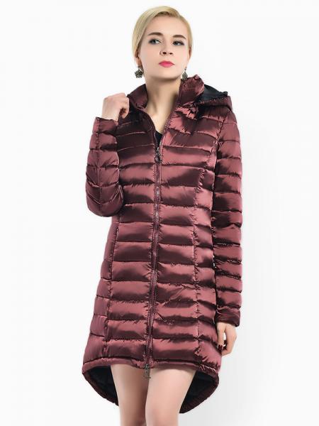 Burgundy Two-way Zipper Asymmetric Hemline Hooded Spring Parka Coat for Women