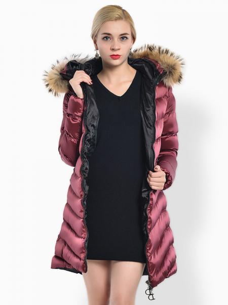 Burgundy Two Way Zipper Thick Long Parka Coat with Raccoon Fur Hood for Women