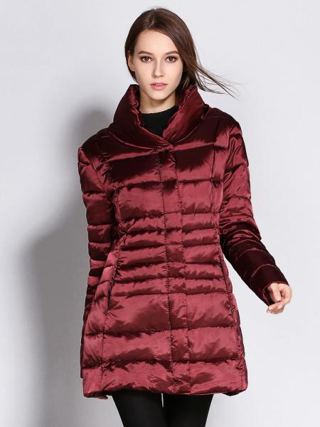 Burgundy Zipper & Press Studs Closure Stand Collar Padded Puffer Parka Jacket