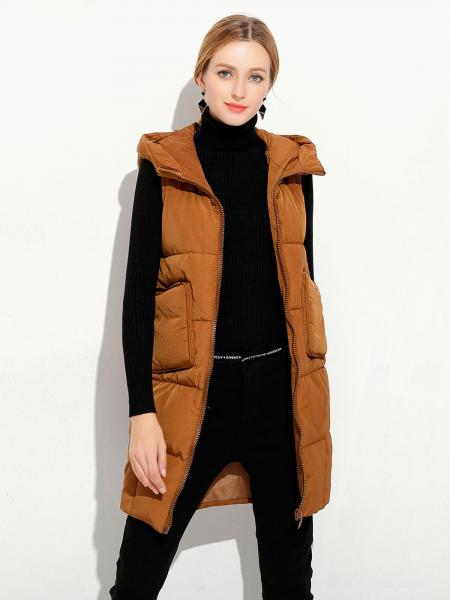 Caramel Loose Fit Hooded Zipper Thick Warm Puffer Long Waistcoat for Women