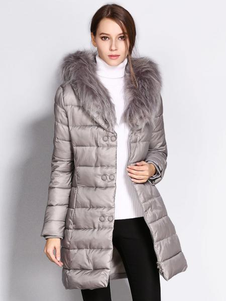 Gray Double Zipper & Press Studs Faux Fur Collar Padded Womens Parka Jacket