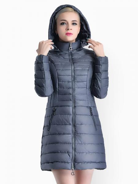 Gray Slim Fit Two-way Zipper Women Parkas Outerwear with Detachable Hood