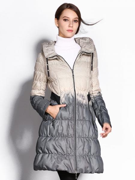 Gray White A-line Double Layered Collar Polka Dots Printed Ladies Long Down Coat