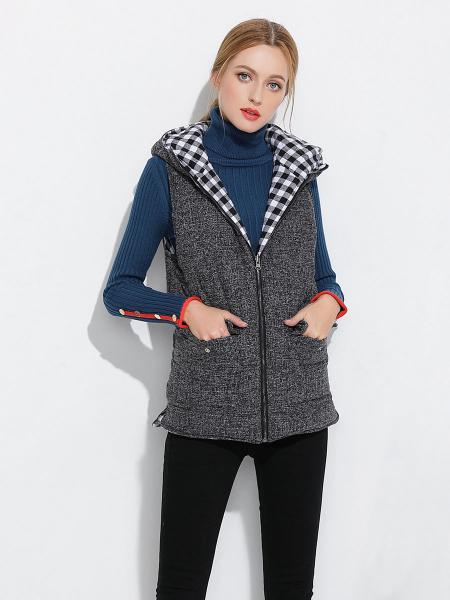 Gray Zipper Loose Fit Quilted Thick Ladies Winter Vests Coat with Hood