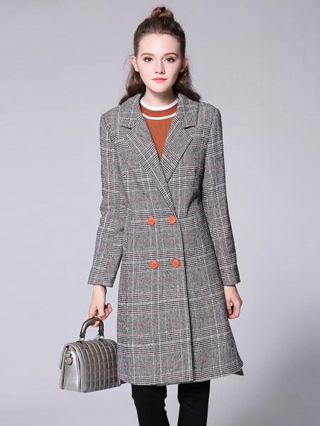 Gray Double-breasted Asymmetric Front & Back Plaid Long Wool Peacoat for Women