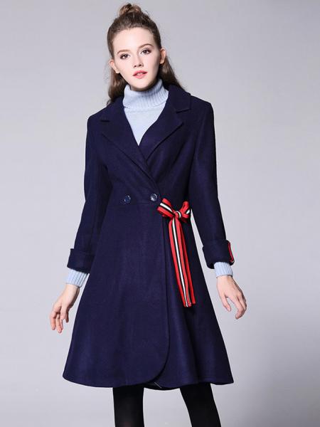 Navy Morden Double Breated Long Sleeves Lined Women Long Dressy Wool Coat