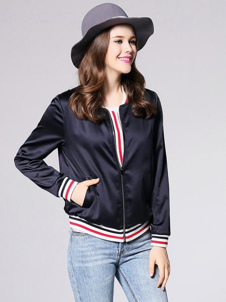 Navy Zipper Closure Long Sleeves Relaxed Fit Autumn Bomber Jacket for Women