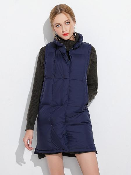 Navy Zipper & Press Studs Loose Fit Stand Collar Puffy Thick Women Vest Coat