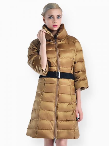 Ochre Slim Fit Two-way Zipper Half Sleeves Long Puffer Parka Coat for Women