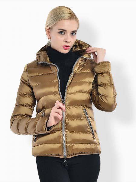 Ochre Two Way Zipper Long Sleeves Hooded Womens Slim Quilted Puffer Parka