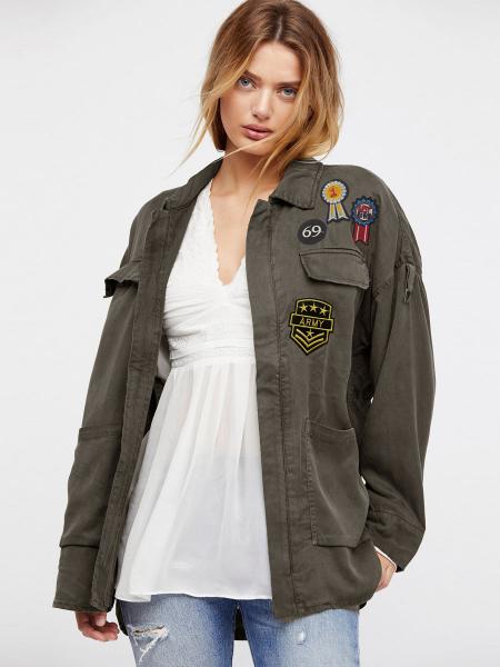 Olive Long Sleeves Zipper Closure Badge Embroidery Womens Spring Military Coat